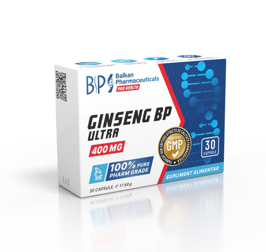 Balkan Pharmaceuticals Ginseng BP Ultra – capsule cu extract din rădăcină de Ginseng care ajută la eliminarea stresului și anxietății, inducând o stare de liniște și relaxare si reduce inflamația de la nivelul cailor respiratorii - 30 cps