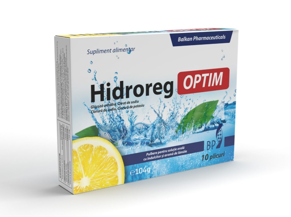 Balkan Pharmaceuticals Hidroreg Optim – plicuri cu conținut de glucoză anhidră, citrat de sodiu, clorură de sodiu si clorură de potasiu, destinat rehidratării orale – 10 plicuri