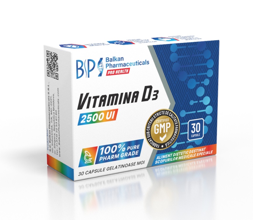 Balkan Pharmaceuticals Vitamina D3 2500 UI – capsule cu vitamina D3 necesară funcționării aproape a tuturor organelor și sistemelor corpului uman - 30 cps