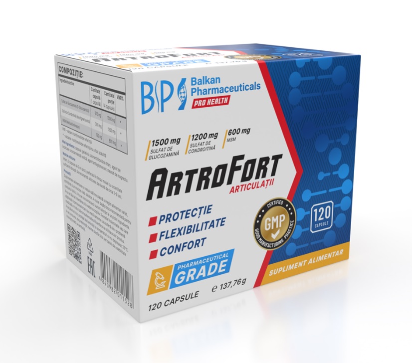 Balkan Pharmaceuticals ArtroFort – capsule impotriva durerilor articulare, pentru reducerea inflamatiei si a reactiilor alergice, stimularea sistemului imunitar, menținerea funcțiilor pielii și accelerarea recuperării dupa efort - 120 cps