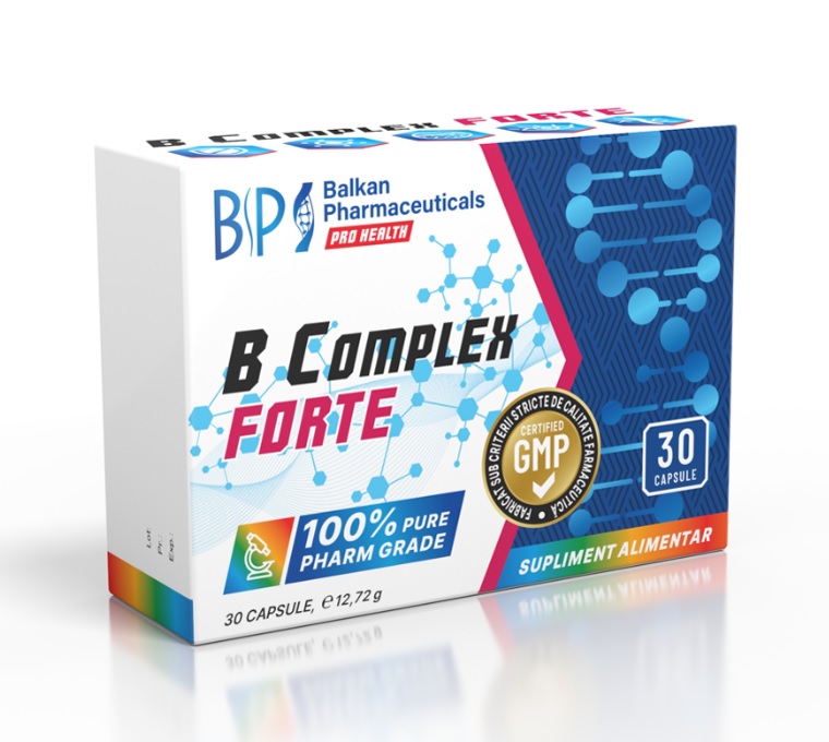 Balkan Pharmaceuticals B Complex Forte – capsule cu vitamina B pentru ameliorarea stresului, îmbunătățirea funcției cognitive și reducerea simptomelor de depresie și anxietate - 30 cps