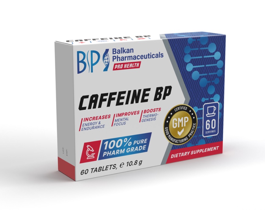 Balkan Pharmaceuticals Caffeine BP – capsule cu o doză mare de cafeină pentru susținerea activitatii mentale și fizice, stimulează energia, crește puterea de concentrare și ajută la arderea excesului de grăsime – 60 cps